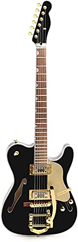 ZUWEI Electric Guitar F Hole Semi Hollow Body Guitar,TL Series Electric Guitar, 3A Quilted Maple Top, Separation Humbucker Pickups, Jazz Tremolo Bridge, Black