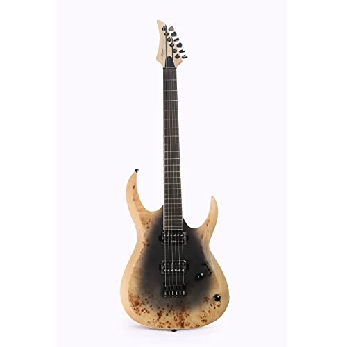 ZUWEI Metal Style Electric Guitar Burl Top 6 Strings Solid Wood Electric Guitar - Strings Thru Body, Humbucker Pickups,Solo, Hardtail Bridge, Mahogany Neck, Rosewood Fretboard