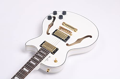 Starshine Electric Guitar Double F Hole Hollow Mahogany Body Ebony Fingerboard,2V 2T 3-ways Gold Hardware(White Color)