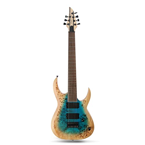 ZUWEI 7 Strings Electric Guitar Burl Top Solid Wood Electric Guitar - Strings Thru Body, Humbucker Pickups, Hardtail Bridge, Mahogany Neck, Rosewood Fretboard