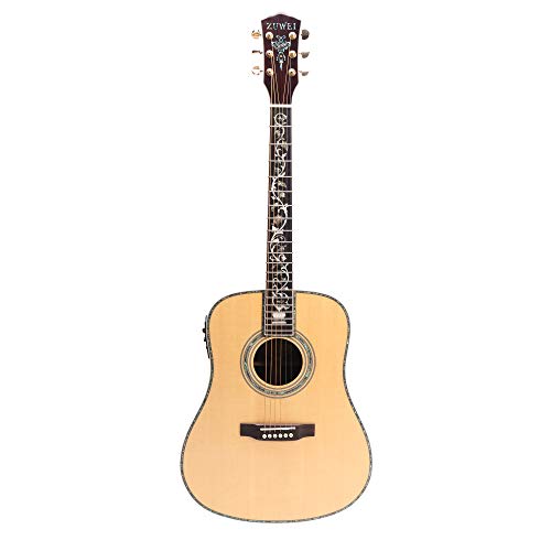 ZUWEI 41in Handmade Electric Acoustic Guitar Life Flower Solid Spruce Top Rosewood Backside Abalone Inlay, Closed Tuner Lower Action Bone Nut&amp; Saddle Free Hardcase Gloss Finish Gold Hardware