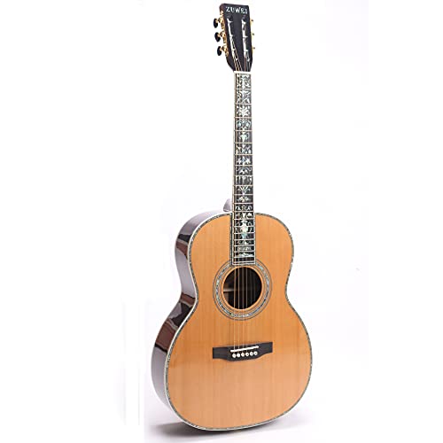 ZUWEI Acoustic Guitar-Full Solid Acustica Guitarra Red Spruce Top India Rosewood Back &amp; Side Real Abalone Inlay Handmade Guitar with Hard Case, Bone Nut, Ebony Fretboard (Acoustic Guitar)