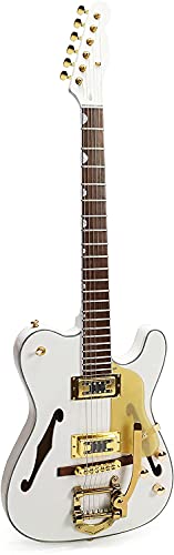 ZUWEI Electric Guitar F Hole Semi Hollow Body Guitar,TL Series Electric Guitar, 3A Quilted Maple Top, Jazz Tremolo Bridge, White