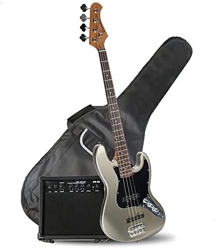 Starshine 4 Strings Electric Bass Guitar Full Size Jazz Bass C Shape Beginner Kit (Silver powder gray)