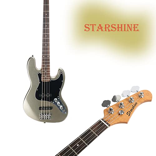 Starshine 4 Strings Electric Bass Guitar Full Size Jazz Bass C Shape Beginner Kit (Silver powder gray)