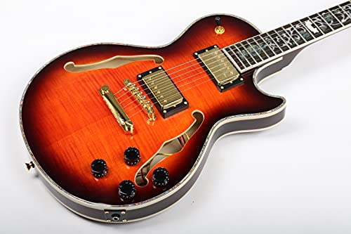 Starshine Electric Guitar Hollow Mahogany Body and Flamed Maple Top Veneer,Gold Hardware Double F Hole T-O-M Bridge (Cherry Burst Color)