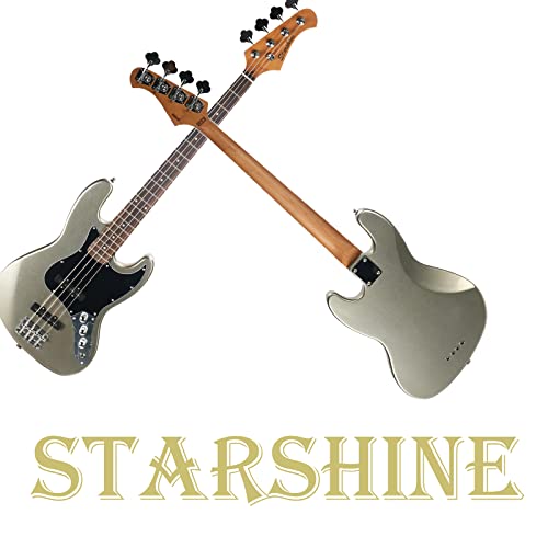 Starshine 4 Strings Electric Bass Guitar Full Size Jazz Bass C Shape Beginner Kit (Silver powder gray)