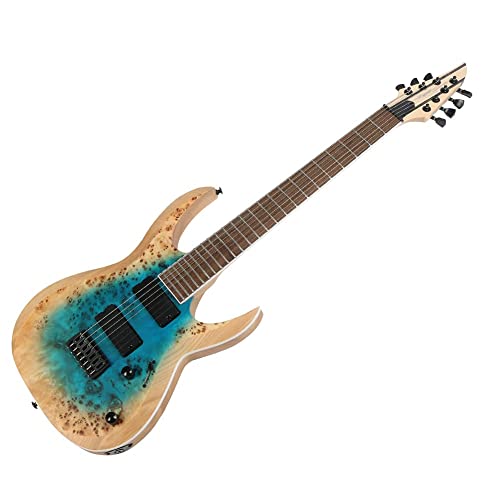 ZUWEI 7 Strings Electric Guitar Burl Top Solid Wood Electric Guitar - Strings Thru Body, Humbucker Pickups, Hardtail Bridge, Mahogany Neck, Rosewood Fretboard