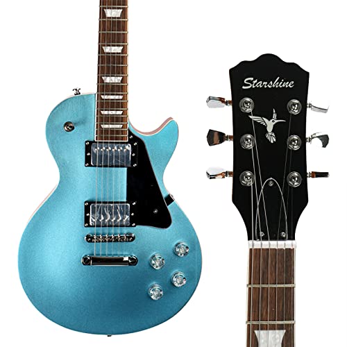 Starshine 6 Strings Electric Guitar Small Black Guard with White Edge,Sunken back ABR Bridge Solid Mahogany Body Rosewood Fingerboard(Blue Silver Powder Color)