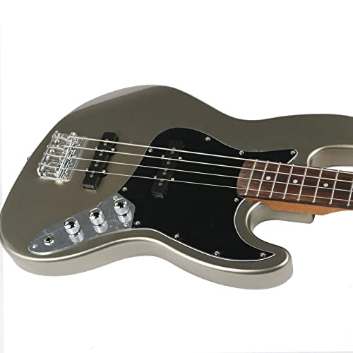 Starshine 4 Strings Electric Bass Guitar Full Size Jazz Bass C Shape Beginner Kit (Silver powder gray)