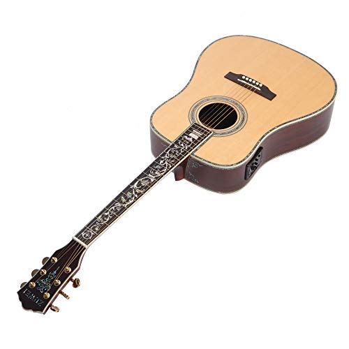 ZUWEI 41in Handmade Electric Acoustic Guitar Life Flower Solid Spruce Top Rosewood Backside Abalone Inlay, Closed Tuner Lower Action Bone Nut&amp; Saddle Free Hardcase Gloss Finish Gold Hardware