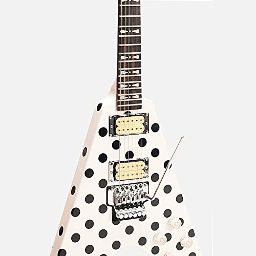 ZUWEI V Shape Electric Guitar Solid Body Electric Guitar Polka Dots Double Locking Tremolo System Mahogany Back Rosewood Fingerboard (White)