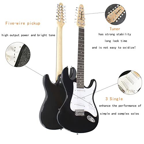 Starshine 12 Strings ST Full Size Electric Guitar Solid Body Beginner Kit with Bag, Cable,Amplifier (Black)