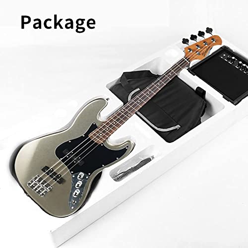 Starshine 4 Strings Electric Bass Guitar Full Size Jazz Bass C Shape Beginner Kit (Silver powder gray)