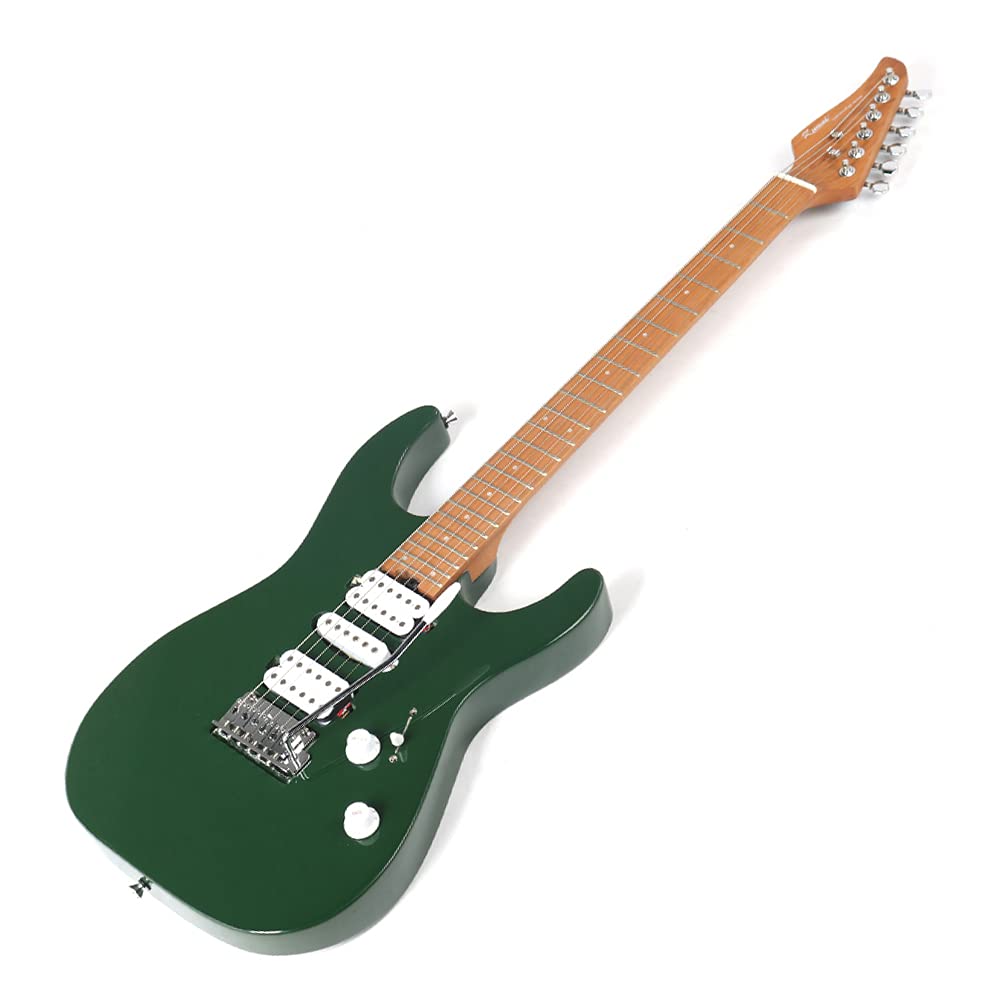 ZUWEI Electric Guitar Reverse Headstock Solid-Body Electric Guitar with Gig Bag, Heel-Mounted Spoke Wheel, H-S-H Pickups, Roasted Maple Neck &amp; Fingerboard, Green