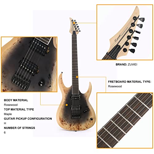 ZUWEI Metal Style Electric Guitar Burl Top 6 Strings Solid Wood Electric Guitar - Strings Thru Body, Humbucker Pickups,Solo, Hardtail Bridge, Mahogany Neck, Rosewood Fretboard