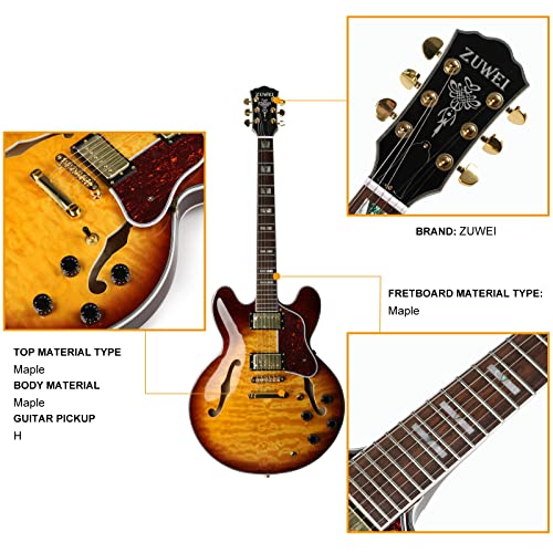 ZUWEI 335L F Hole Semi Hollow Body Electric Guitar Custom Shop Series, T-O-M Bridge, Alnico5 Bar, Separation Humbucker Pickups, Gold Hardware-Antique Yellow Sunburst