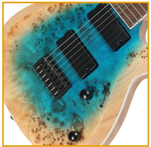 ZUWEI 7 Strings Electric Guitar Burl Top Solid Wood Electric Guitar - Strings Thru Body, Humbucker Pickups, Hardtail Bridge, Mahogany Neck, Rosewood Fretboard