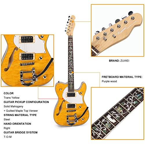 ZUWEI Semi Hollow Electric Guitar Custom Shop 22 Frets, Maple Top Purplewood Fingerboard Canada Maple Neck Flower Inlay