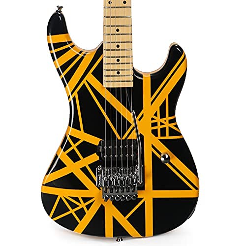 ZUWEI Full Size Solid Body Yellow Stripe Electric Guitar with Basswood, Double Locking Tremolo Bridge, Maple neck and fretboard