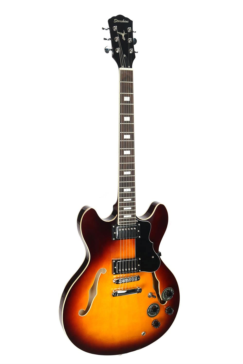 Starshine Electric Guitar, Humbucking Pickups with Split Coil Tap, 6 Strings Double F Hole Semi-Hollow-Body, Mahogany Neck and Black Pick guard（Sunburst Color）