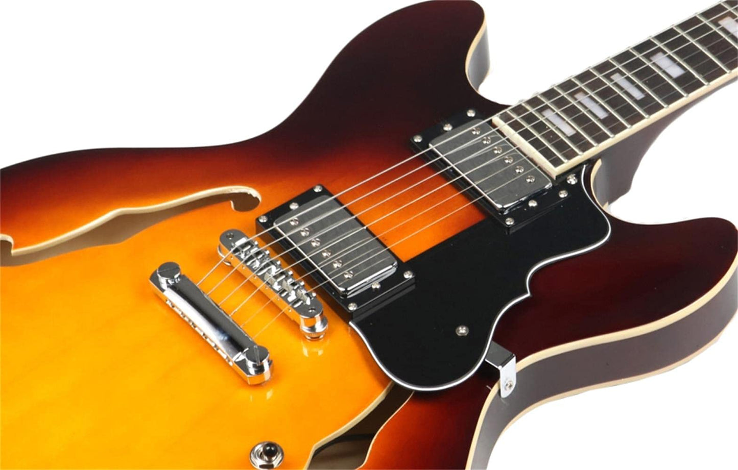 Starshine Electric Guitar, Humbucking Pickups with Split Coil Tap, 6 Strings Double F Hole Semi-Hollow-Body, Mahogany Neck and Black Pick guard（Sunburst Color）