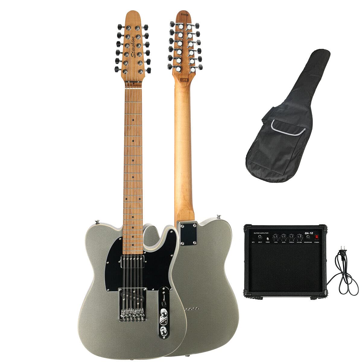 Starshine 12 String Full Size Electric Guitar Solid Body Beginner Kit with Bag, Cable,Amplifier (Silver)