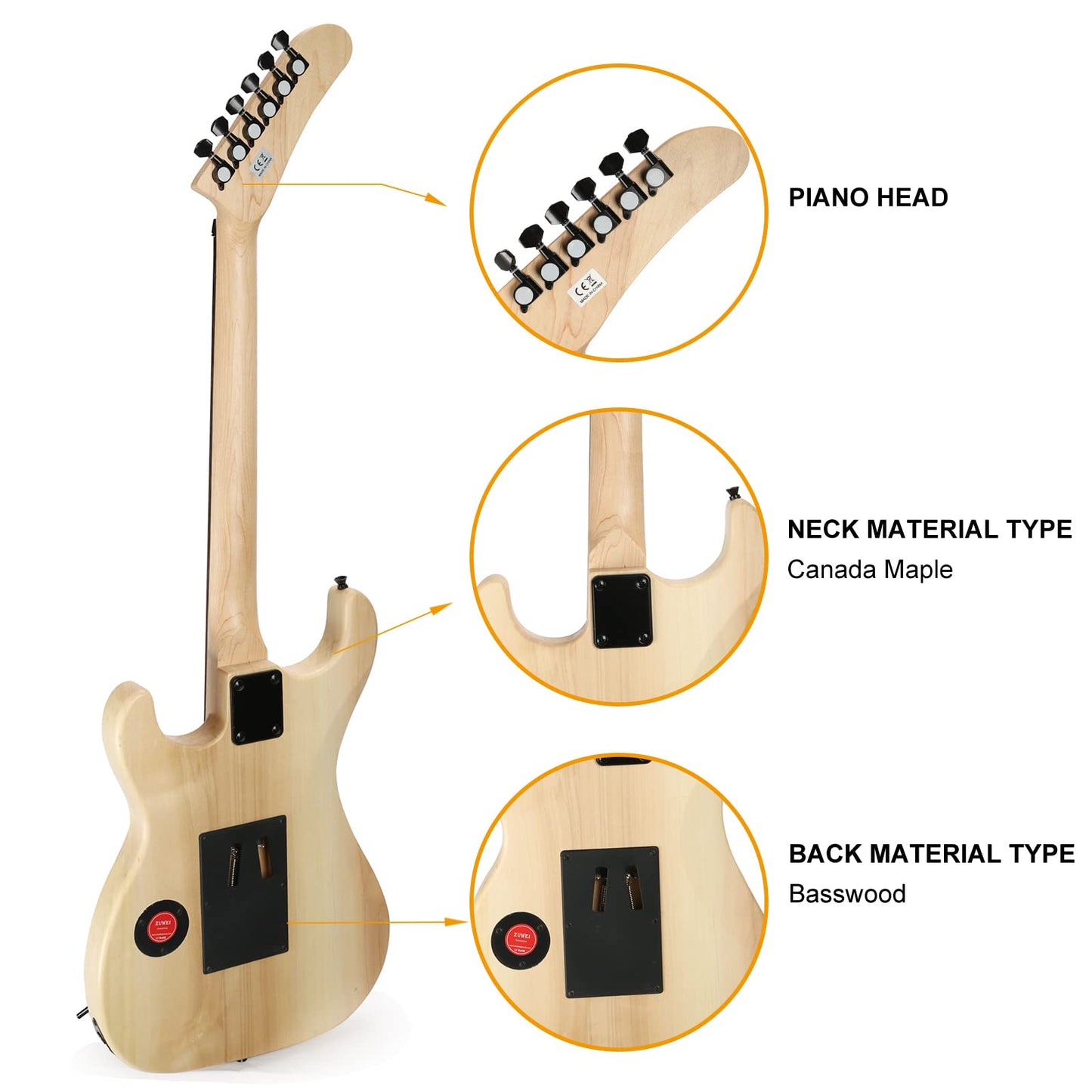 ZUWEI DIY Electric Guitar Kits BSESPUN - Basswood Body, Humbuckers Single Pickup, Banada Headstock, Maple Neck, Black Hardware 22F with 3.4 Feet Cable