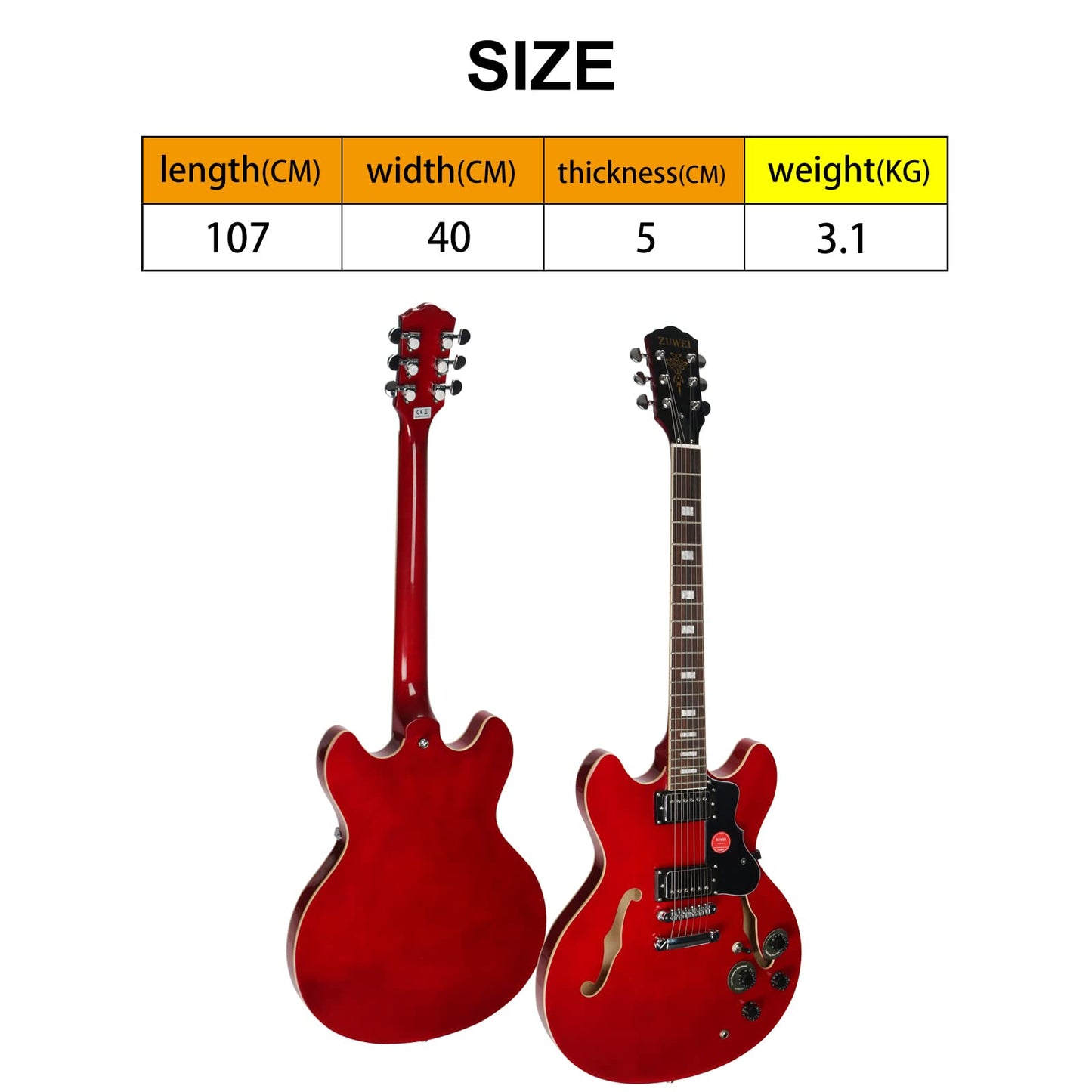 ZUWEI Semi Hollow body Electric Guitar Pull/Push Swtich Separation Humbuckers Lower Action