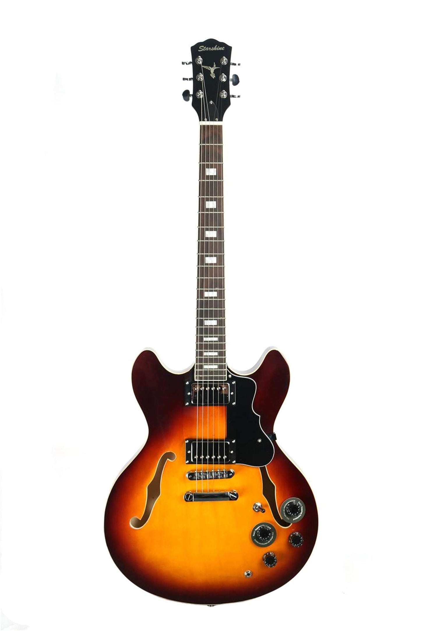 Starshine Electric Guitar, Humbucking Pickups with Split Coil Tap, 6 Strings Double F Hole Semi-Hollow-Body, Mahogany Neck and Black Pick guard（Sunburst Color）