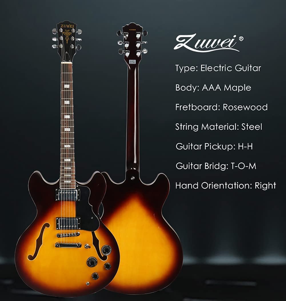 ZUWEI Semi Hollow body Electric Guitar Pull/Push Swtich Separation Humbuckers Lower Action