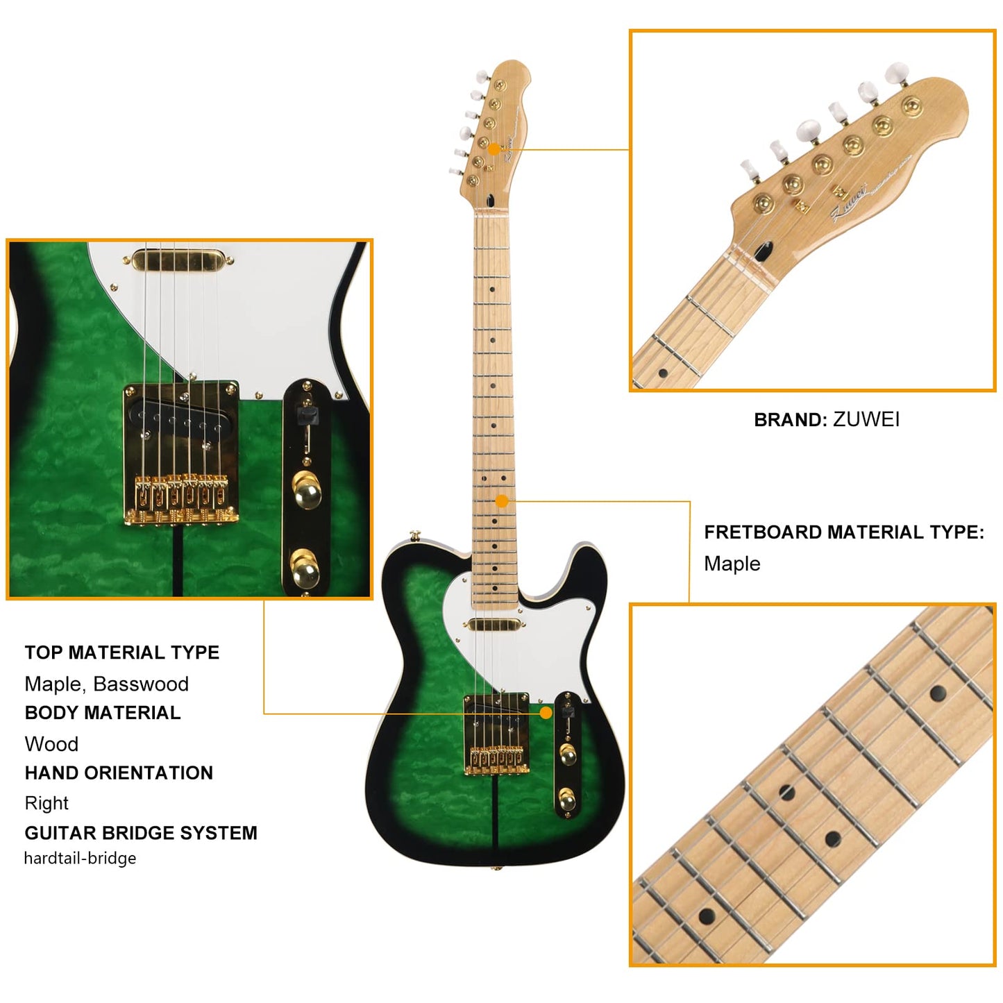 ZUWEI Custom Shop Series TL Electric Guitar Low Action AA Quilted Maple Top Veneer Set In Joint Gold Hardware Level Frets Included Soft Gigbag （green）