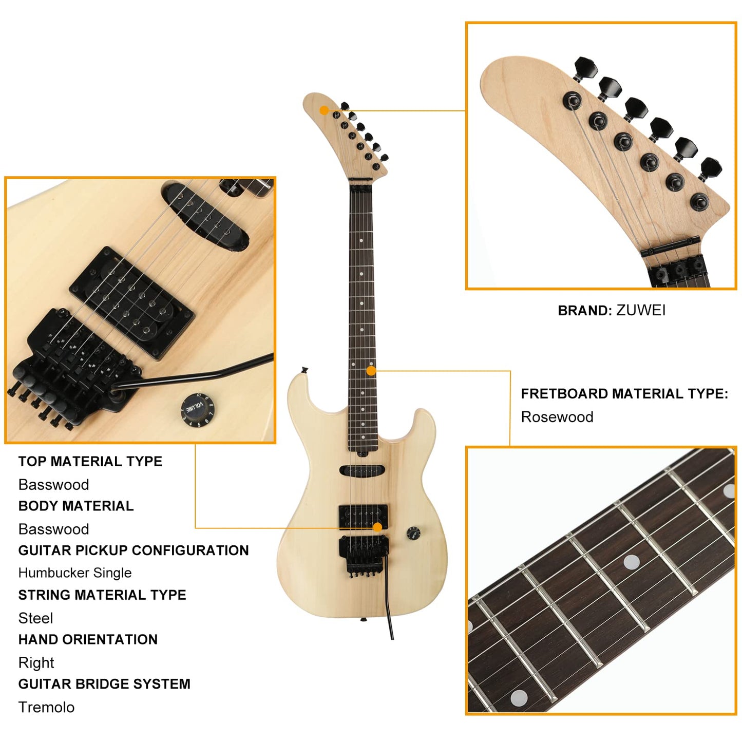 ZUWEI DIY Electric Guitar Kits BSESPUN - Basswood Body, Humbuckers Single Pickup, Banada Headstock, Maple Neck, Black Hardware 22F with 3.4 Feet Cable