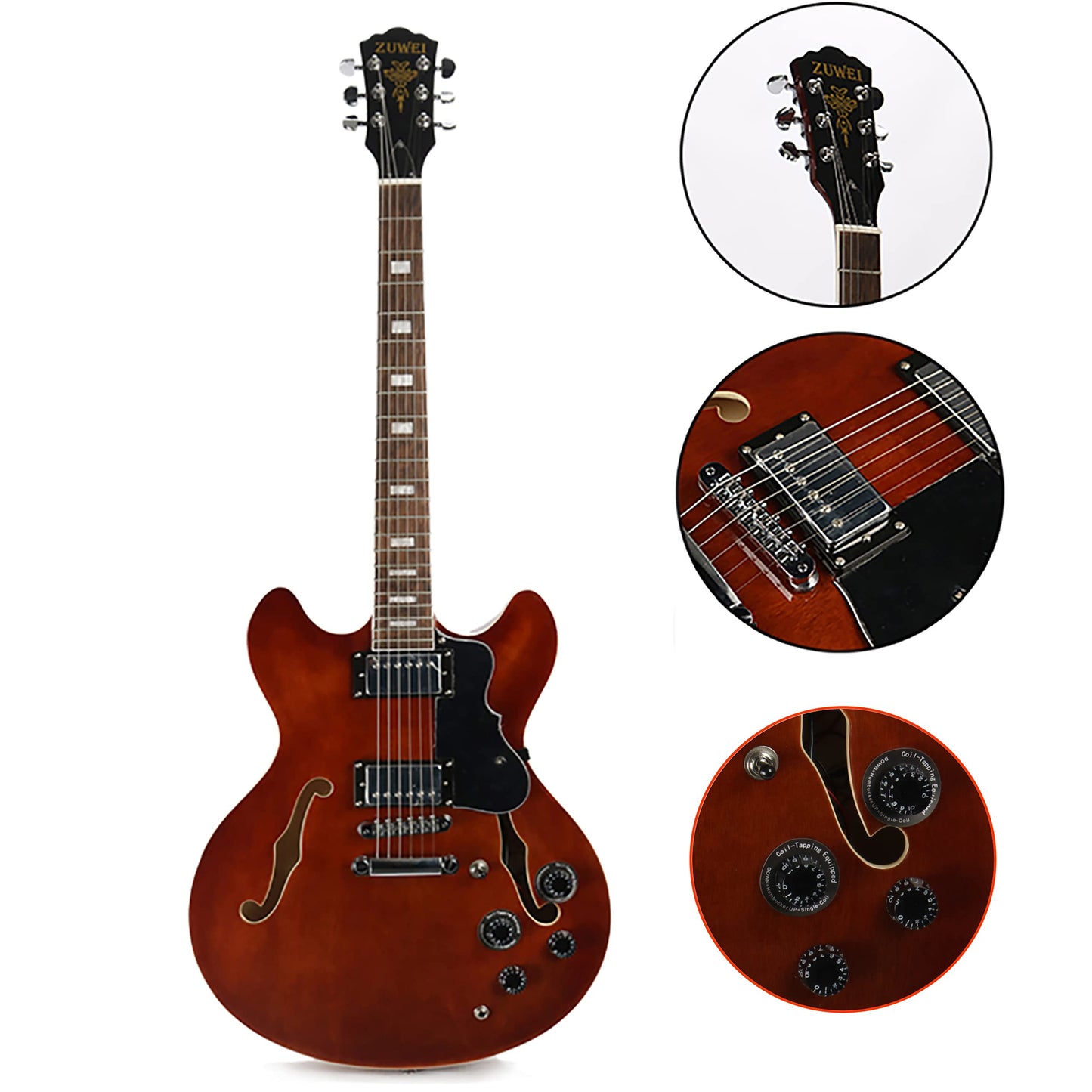 ZUWEI Semi Hollow body Electric Guitar Pull/Push Swtich Separation Humbuckers Lower Action