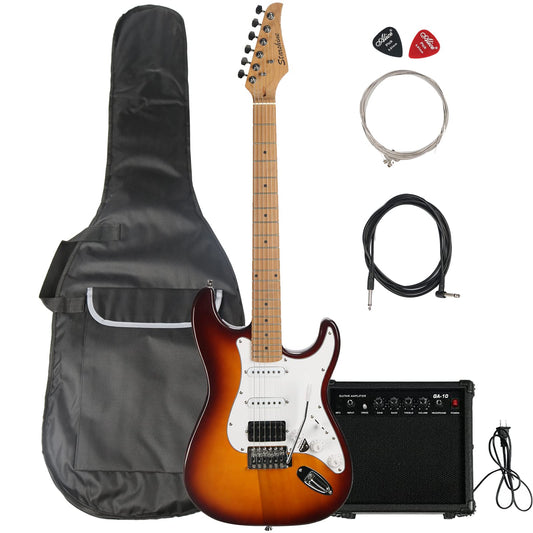 Starshine Full Size Electric Guitar Solid Body Coil Tap Beginner Kit with Gigbag &amp; Amplifier (bourbon burst)